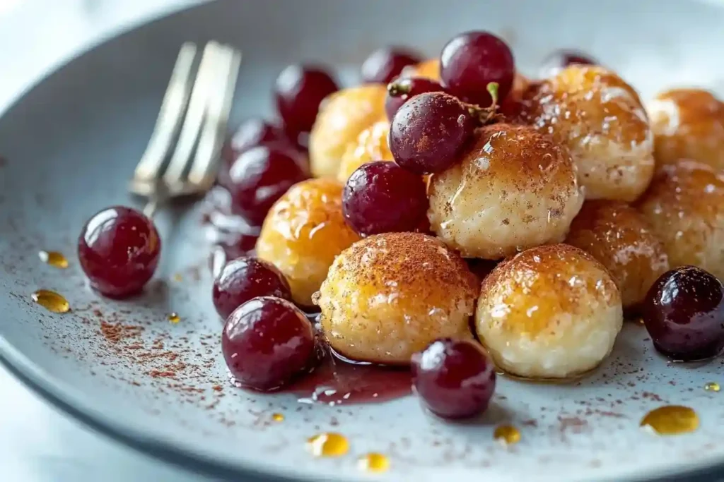 Luxuriöse Portion des Weintrauben Desserts mit Cookies, serviert auf einem weißen Teller mit goldenen Akzenten.