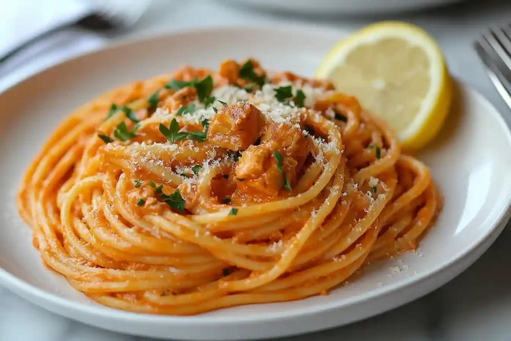 Kreative Präsentation von Spaghetti mit Zitronen-Thunfischsoße auf einem Marmortisch