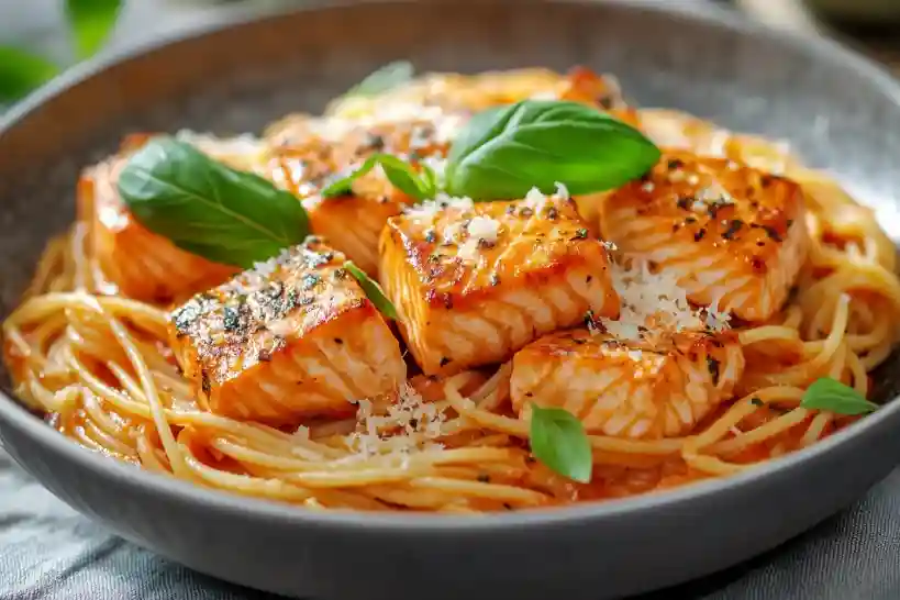 Zutaten für italienische Nudeln mit Tomatensauce und Lachs auf einem rustikalen Holzbrett