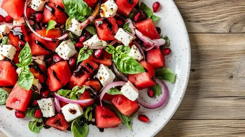 Wassermelone Feta-Salat Balsamico, zerbröckeltem weißem Feta-Käse, frischen grünen Basilikumblättern und dünnen Rotzwiebelringen, beträufelt mit Balsamico-Glasur auf weißem Teller. Garniert mit Granatapfelkernen und Minzzweigen, natürlich beleuchtet im Food-Fotografie-Stil