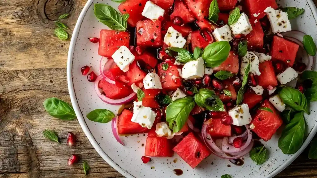 Wassermelone Feta-Salat Balsamico, zerbröckeltem weißem Feta-Käse, frischen grünen Basilikumblättern und dünnen Rotzwiebelringen, beträufelt mit Balsamico-Glasur auf weißem Teller. Garniert mit Granatapfelkernen und Minzzweigen, natürlich beleuchtet im Food-Fotografie-Stil