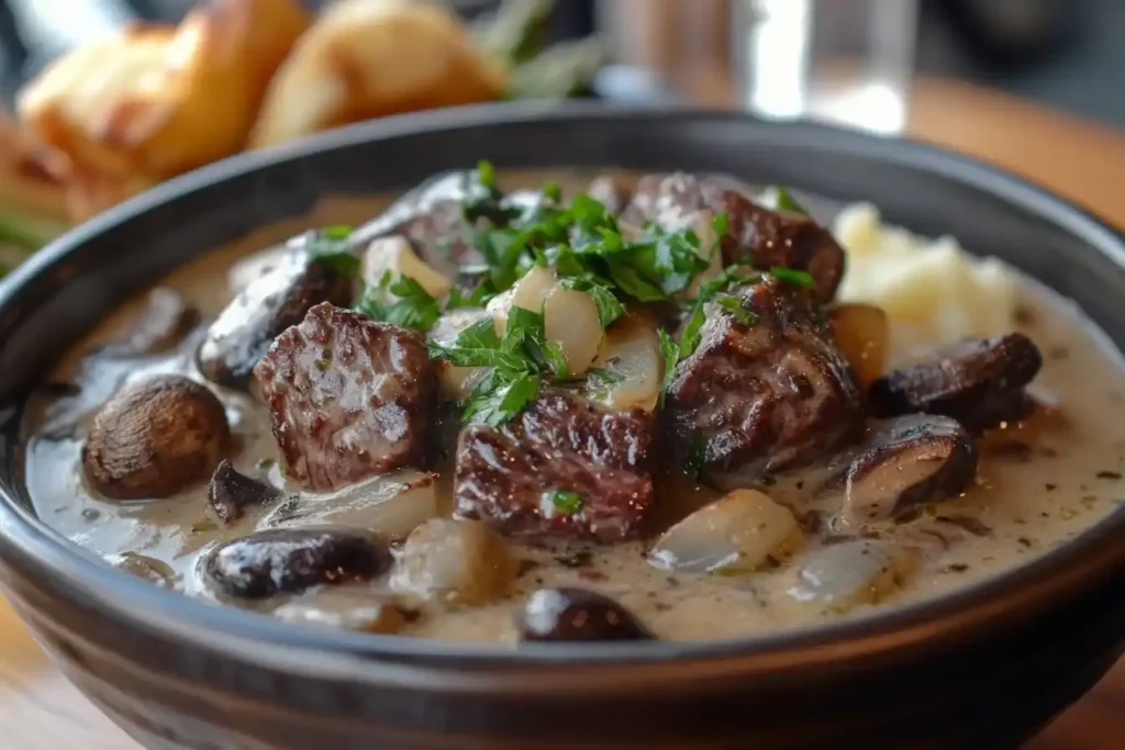 Servierter Filettopf mit Champignons mit Kartoffeln und Grünkohl als Beilage