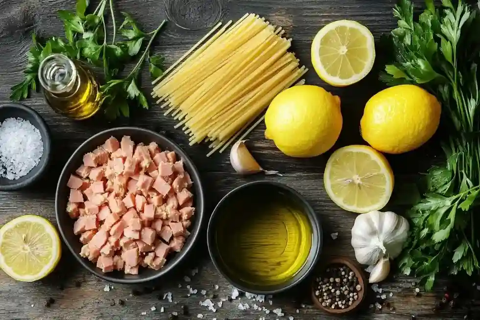 Zutaten für Spaghetti mit Zitronen-Thunfischsoße auf einem rustikalen Holztisch