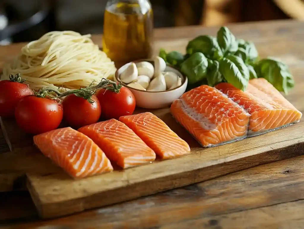 Vorbereitung von Italienischen Nudeln mit Tomatensauce und Lachs im modernen Küchenstil