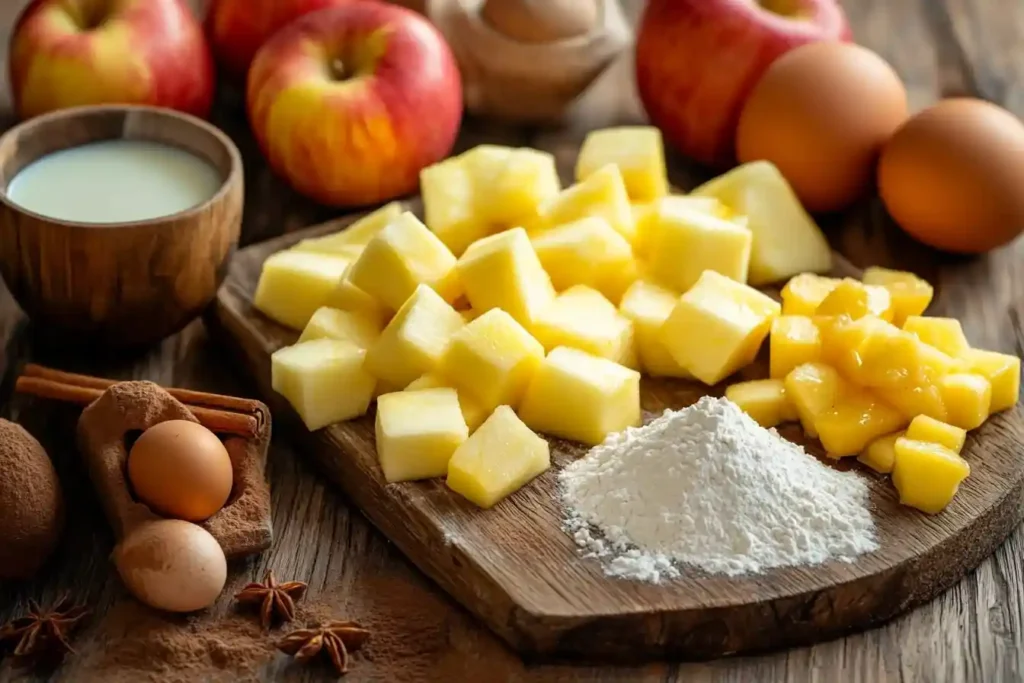 Zutaten für den Schneller Apfelkuchen: Äpfel, Mehl, Zucker, Eier und mehr auf einem Holzbrett