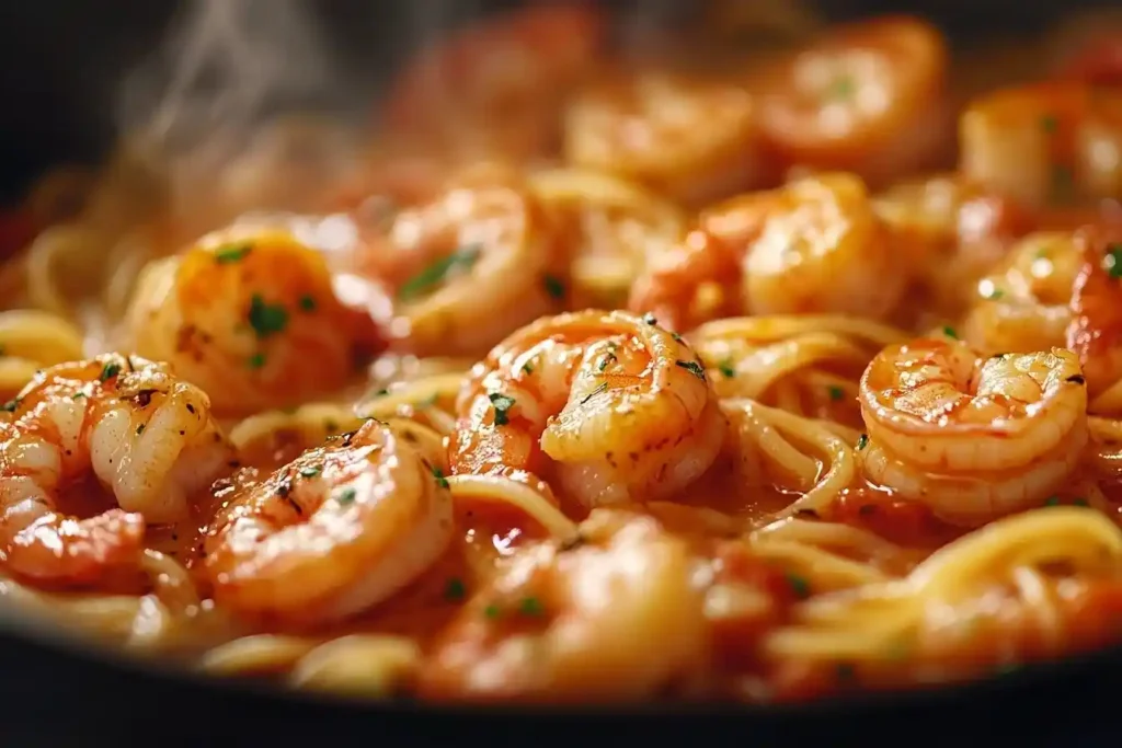 Detailansicht von Italienischen Spaghetti mit Garnelen und Tomaten-Sahne-Soße im warmen Licht