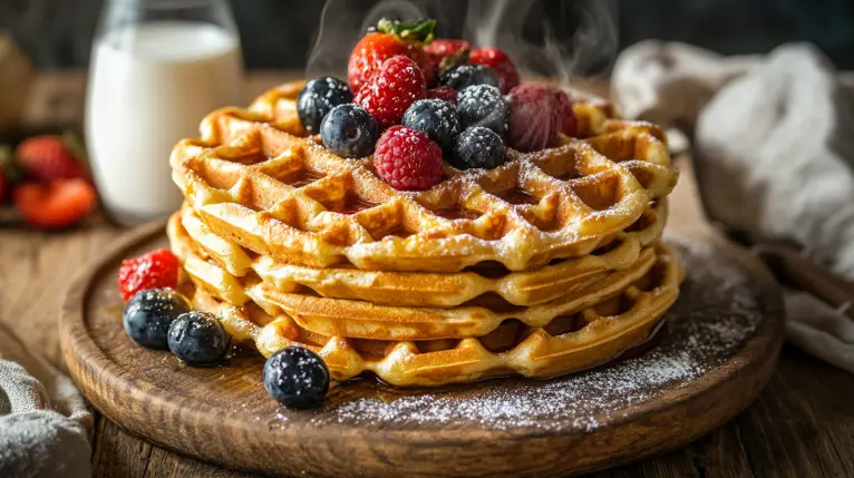 Glutenfreie Waffeln vegan auf einem Holzbrett angerichtet, mit frischen Beeren, Ahornsirup und gerösteten Nüssen garniert – perfekt für ein schnelles Frühstück oder Brunch.