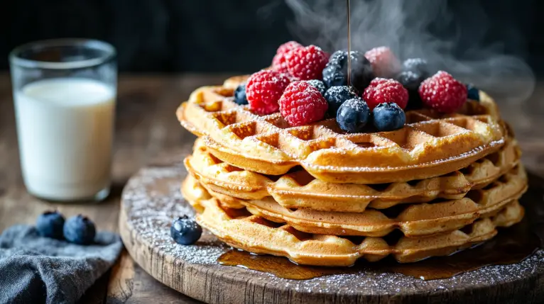 Glutenfreie Waffeln vegan auf einem Holzbrett angerichtet, mit frischen Beeren, Ahornsirup und gerösteten Nüssen garniert – perfekt für ein schnelles Frühstück oder Brunch.