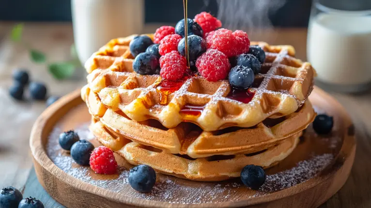 Glutenfreie Waffeln vegan auf einem Holzbrett angerichtet, mit frischen Beeren, Ahornsirup und gerösteten Nüssen garniert – perfekt für ein schnelles Frühstück oder Brunch.