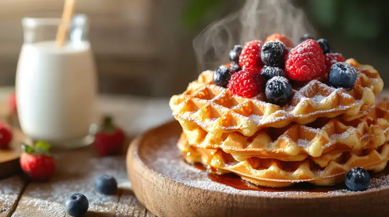 Glutenfreie Waffeln vegan auf einem Holzbrett angerichtet, mit frischen Beeren, Ahornsirup und gerösteten Nüssen garniert – perfekt für ein schnelles Frühstück oder Brunch.