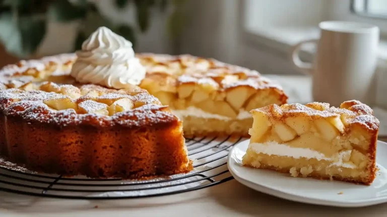 Schneller Apfelkuchen frisch gebacken mit goldener Kruste und Zimtzuckerbestäubung