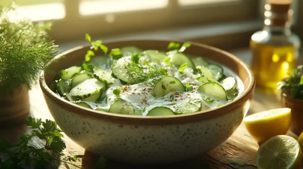 Salatdressing für grünen Salat, Frischer Gurken Joghurt Salat mit cremigem Dressing, garniert mit Dill und Sesam, serviert in einer Schüssel auf einem Holztisch