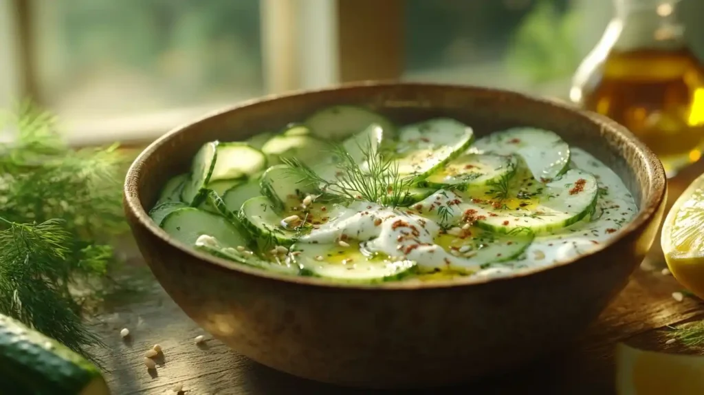 Salatdressing für grünen Salat, Frischer Gurken Joghurt Salat mit cremigem Dressing, garniert mit Dill und Sesam, serviert in einer Schüssel auf einem Holztisch