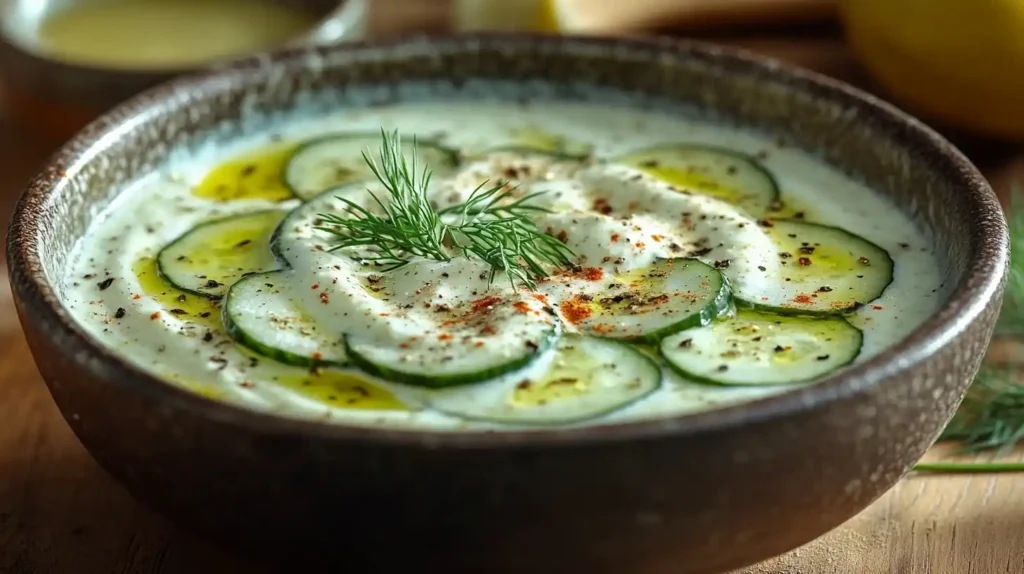 Salatdressing für grünen Salat, Frischer Gurken Joghurt Salat mit cremigem Dressing, garniert mit Dill und Sesam, serviert in einer Schüssel auf einem Holztisch