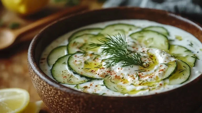 Salatdressing für grünen Salat, Frischer Gurken Joghurt Salat mit cremigem Dressing, garniert mit Dill und Sesam, serviert in einer Schüssel auf einem Holztisch