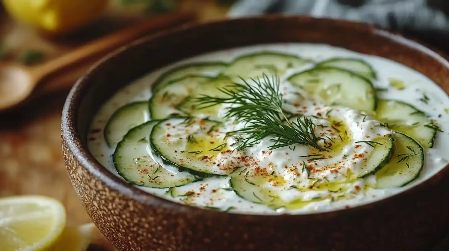 Salatdressing für grünen Salat, Frischer Gurken Joghurt Salat mit cremigem Dressing, garniert mit Dill und Sesam, serviert in einer Schüssel auf einem Holztisch