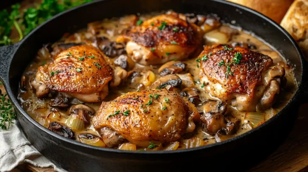 Perfektes Hähnchen in Sahnesauce aus dem Dutch Oven – saftiges Hähnchen in cremiger Sauce mit Champignons und frischen Kräutern.