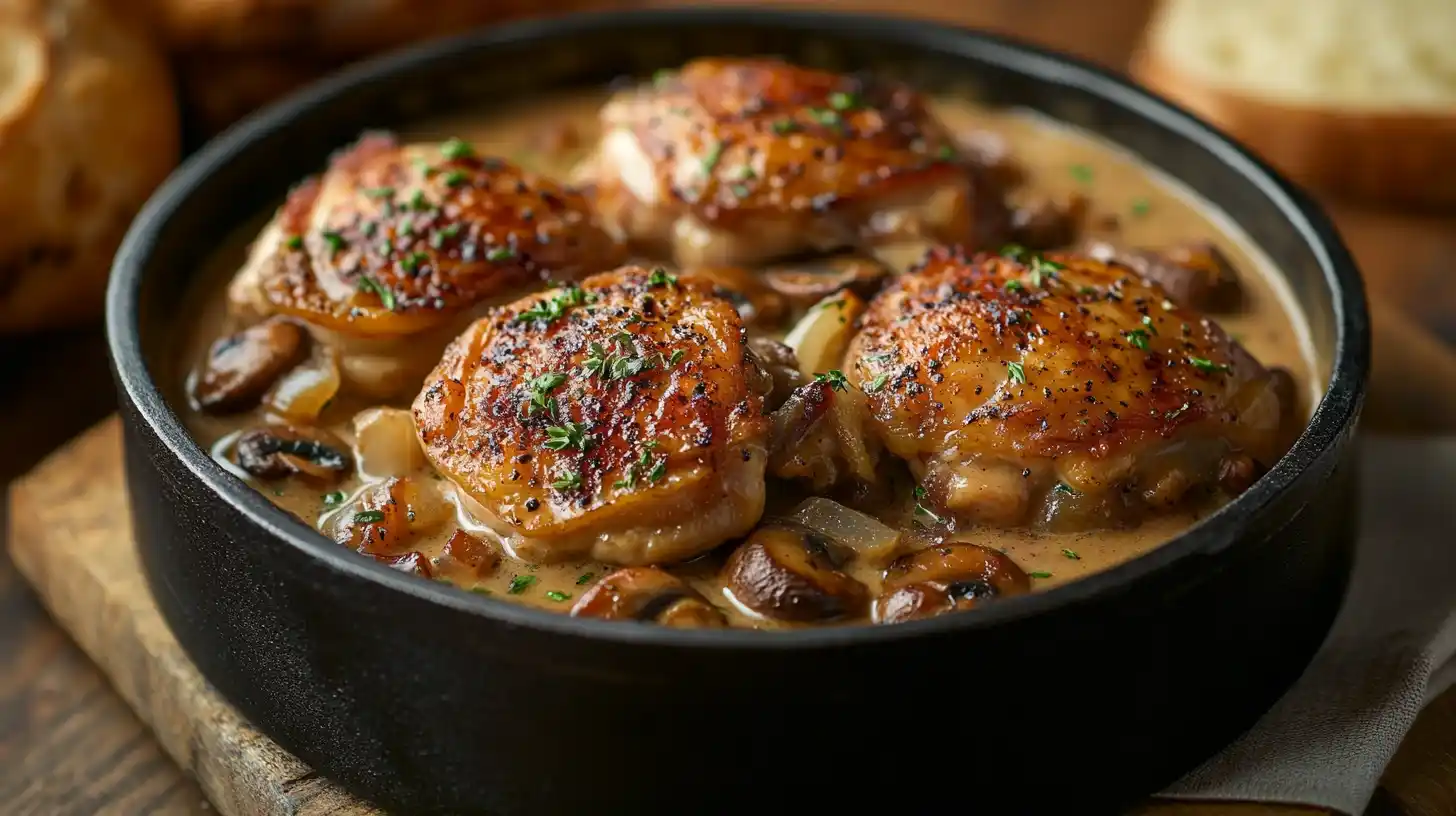 Perfektes Hähnchen in Sahnesauce aus dem Dutch Oven – saftiges Hähnchen in cremiger Sauce mit Champignons und frischen Kräutern.