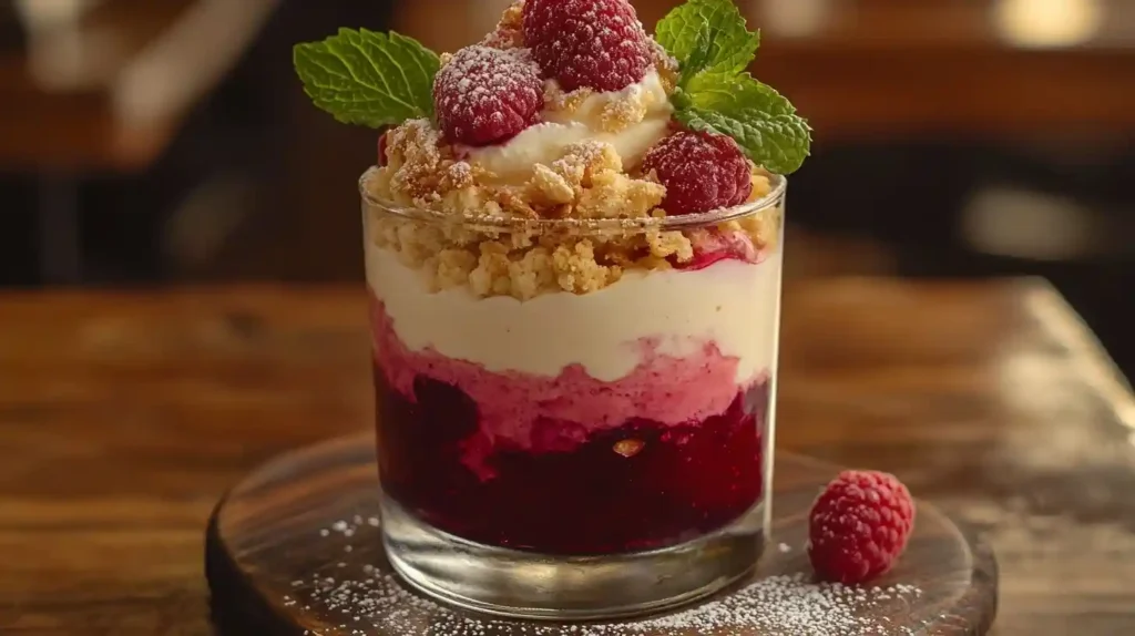 Himbeer Mascarpone Dessert in einem Glas mit cremigen Schichten aus Mascarpone, Himbeerpüree und Löffelbiskuit, garniert mit frischen Himbeeren und Minzblättern