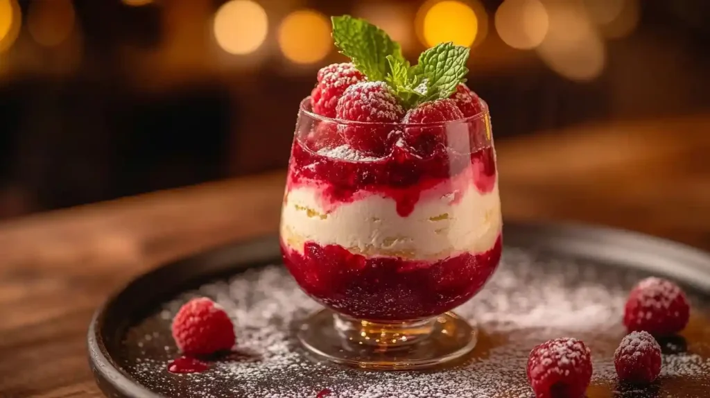 Himbeer Mascarpone Dessert in einem Glas mit cremigen Schichten aus Mascarpone, Himbeerpüree und Löffelbiskuit, garniert mit frischen Himbeeren und Minzblättern