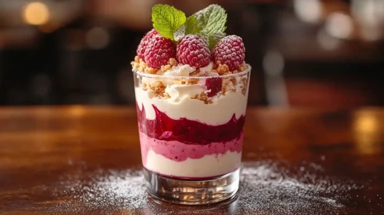 Himbeer Mascarpone Dessert in einem Glas mit cremigen Schichten aus Mascarpone, Himbeerpüree und Löffelbiskuit, garniert mit frischen Himbeeren und Minzblättern