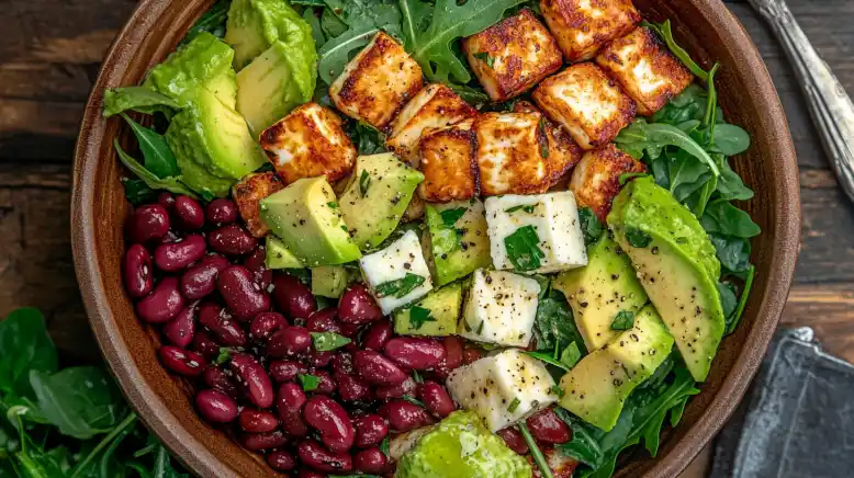 Leckerer Kidneybohnen Salat mit gegrilltem Halloumi, Avocado und knackigem Rucola auf einem weißen Teller angerichtet. Ein gesundes Low-Carb-Rezept, das in 30 Minuten zubereitet ist.