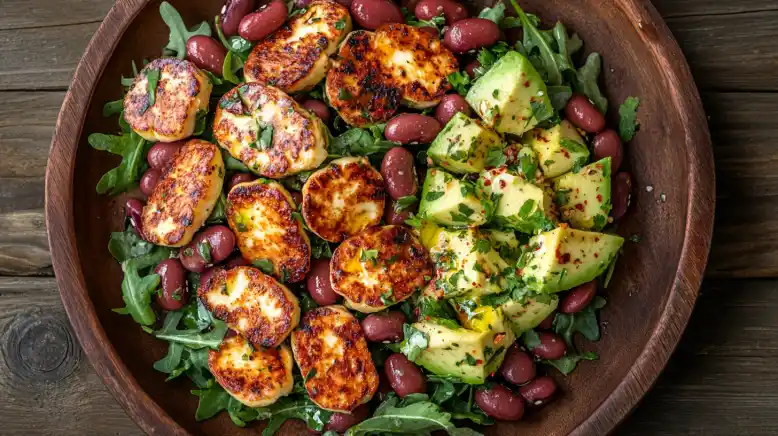 Leckerer Kidneybohnen Salat mit gegrilltem Halloumi, Avocado und knackigem Rucola auf einem weißen Teller angerichtet. Ein gesundes Low-Carb-Rezept, das in 30 Minuten zubereitet ist.