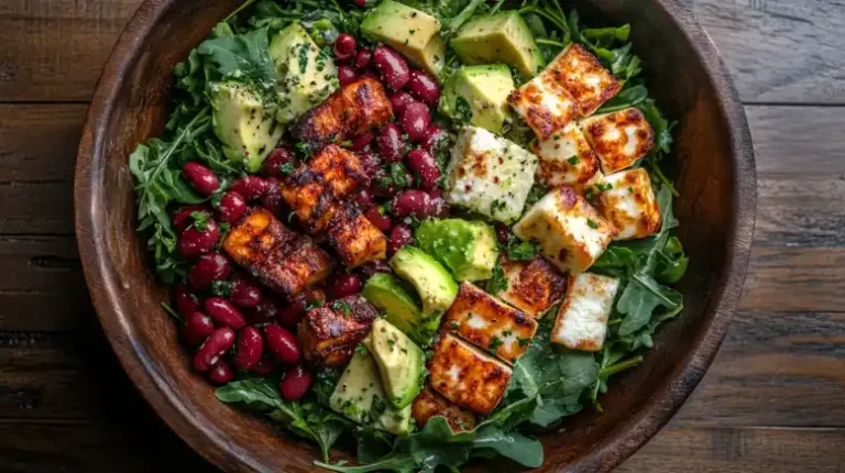 Leckerer Kidneybohnen Salat mit gegrilltem Halloumi, Avocado und knackigem Rucola auf einem weißen Teller angerichtet. Ein gesundes Low-Carb-Rezept, das in 30 Minuten zubereitet ist.