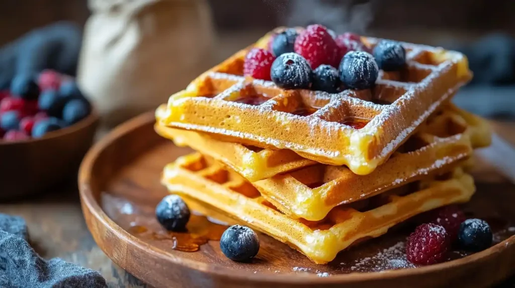 Goldbraune glutenfreie Waffeln mit frischen Beeren und Ahornsirup auf rustikalem Holzbrett, knusprige Textur im Nahaufnahme-Stil.