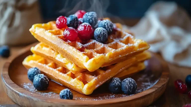 Waffeln Rezept Glutenfrei: Goldbraune glutenfreie Waffeln mit frischen Beeren und Ahornsirup auf rustikalem Holzbrett, knusprige Textur im Nahaufnahme-Stil.