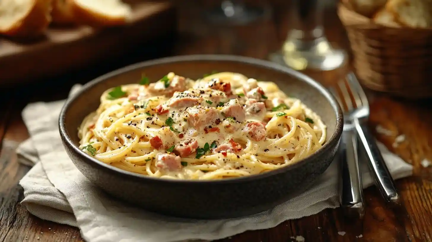 Leckere Spaghetti mit Thunfisch-Sahne-Soße auf einem rustikalen Holztisch, garniert mit frischem Petersilie und Parmesan.