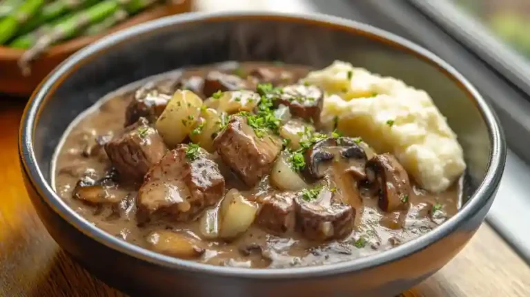 Fertiger Filettopf mit Champignons serviert in einer tiefen Schüssel mit Petersilie als Garnierung