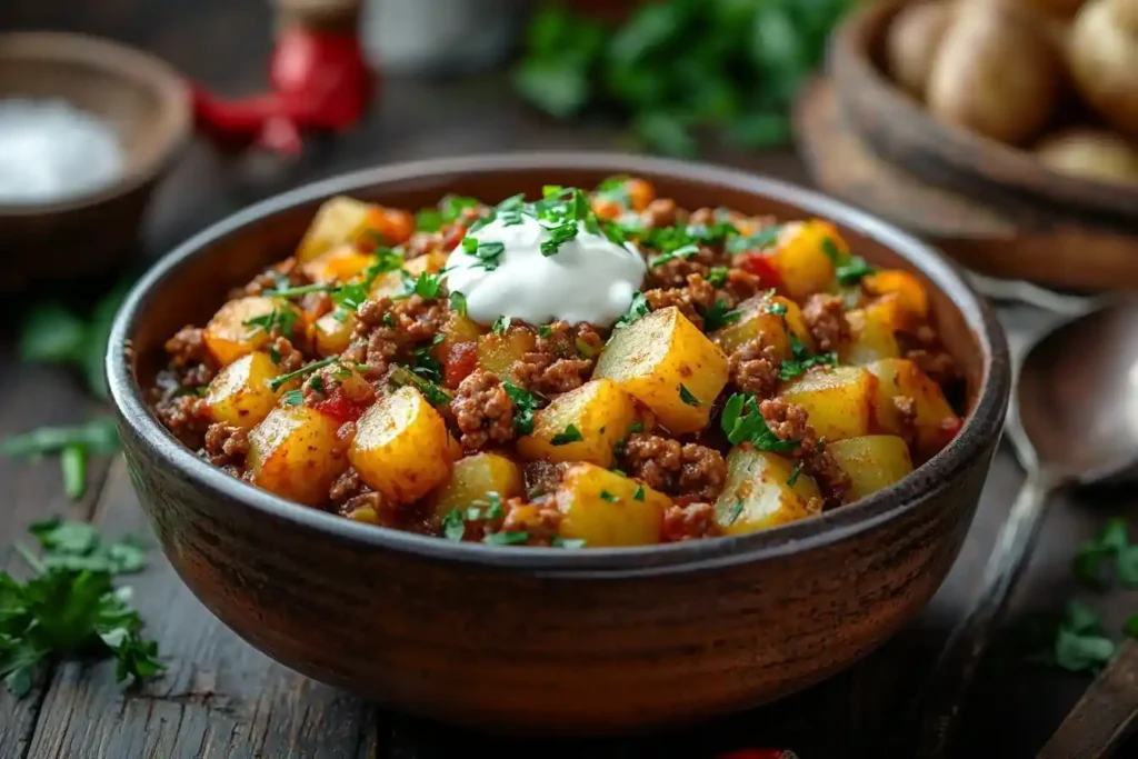 Heiße Portion von Weißkohl mit Hackfleisch und Kartoffeln mit knusprigem Baguette daneben.