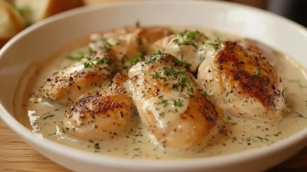 Kräuter-Sahne-Hähnchen in einer rustikalen Schüssel mit goldbraunen Hähnchenstücken, frischer Petersilie und cremiger Sauce, serviert mit Nudeln.