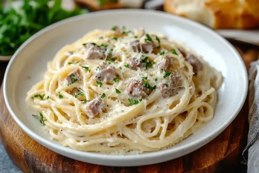 Diese über Kopf gestaltete Aufnahme der Spaghetti mit Thunfisch-Sahne-Soße präsentiert das Gericht als Mittelpunkt eines minimalistischen Stilllebens. Umgeben von Garnierung und Essbesteck, ist es eine wahre Augenweide.