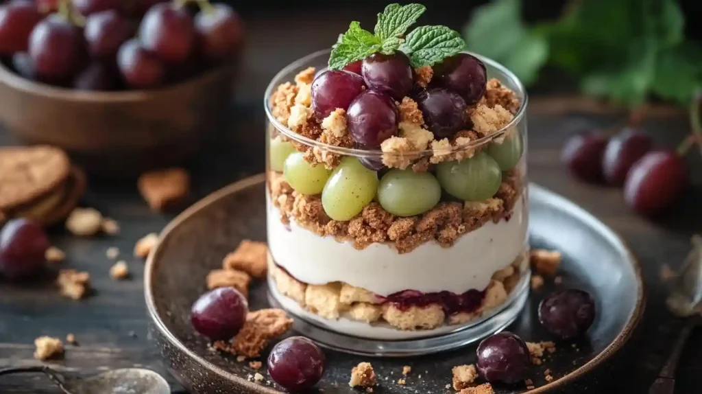 Leckeres Cookie Trauben Dessert im Glas mit knusprigen Keksen, cremigem Frischkäse und frischen grünen und roten Trauben, garniert mit Minzblättern