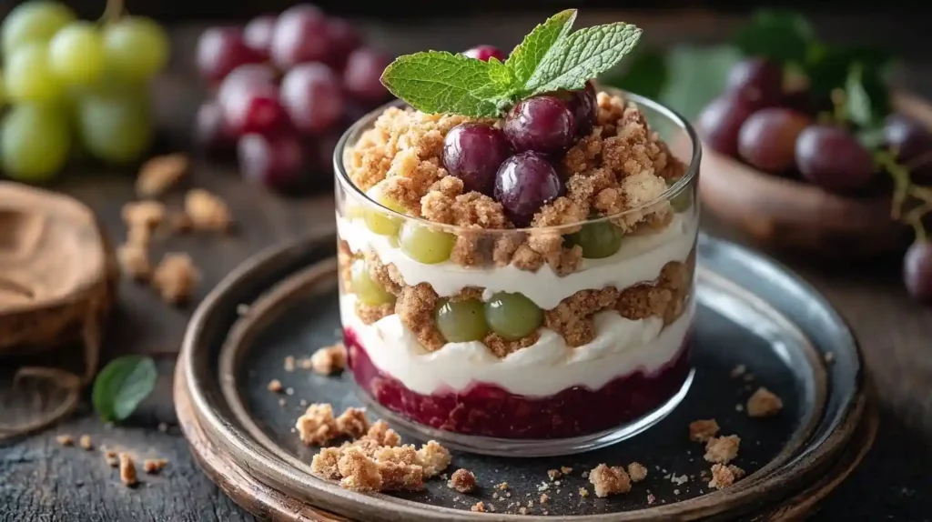 Leckeres Cookie Trauben Dessert im Glas mit knusprigen Keksen, cremigem Frischkäse und frischen grünen und roten Trauben, garniert mit Minzblättern