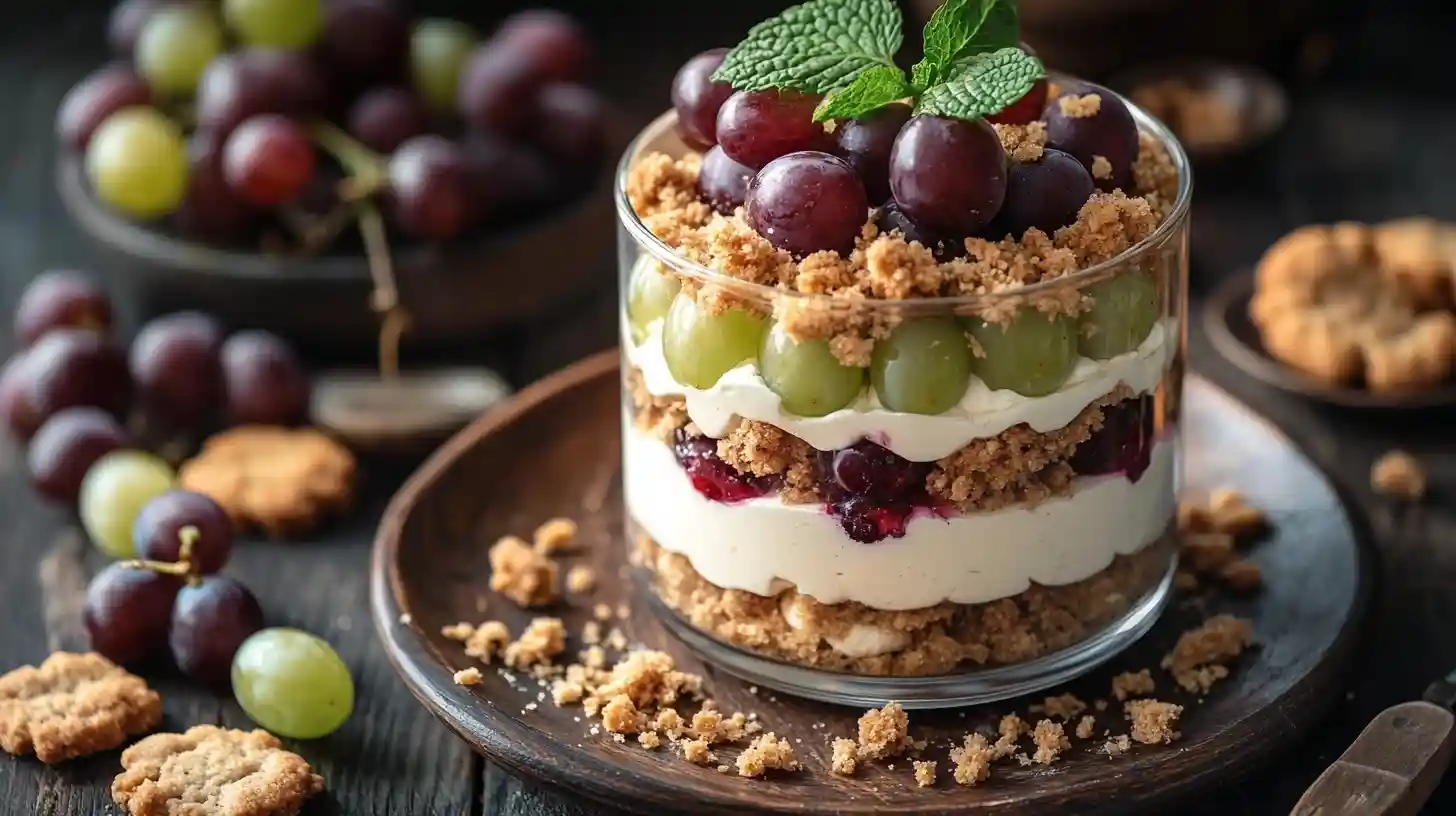 Leckeres Cookie Trauben Dessert im Glas mit knusprigen Keksen, cremigem Frischkäse und frischen grünen und roten Trauben, garniert mit Minzblättern