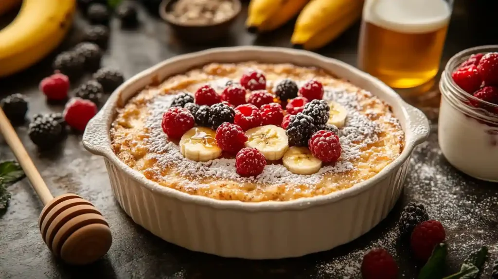 Leichtes Dessert aus dem Ofen mit Bananen, Haferflocken, Beeren und Honig, frisch aus dem Ofen, garniert mit frischen Beeren und Puderzucker