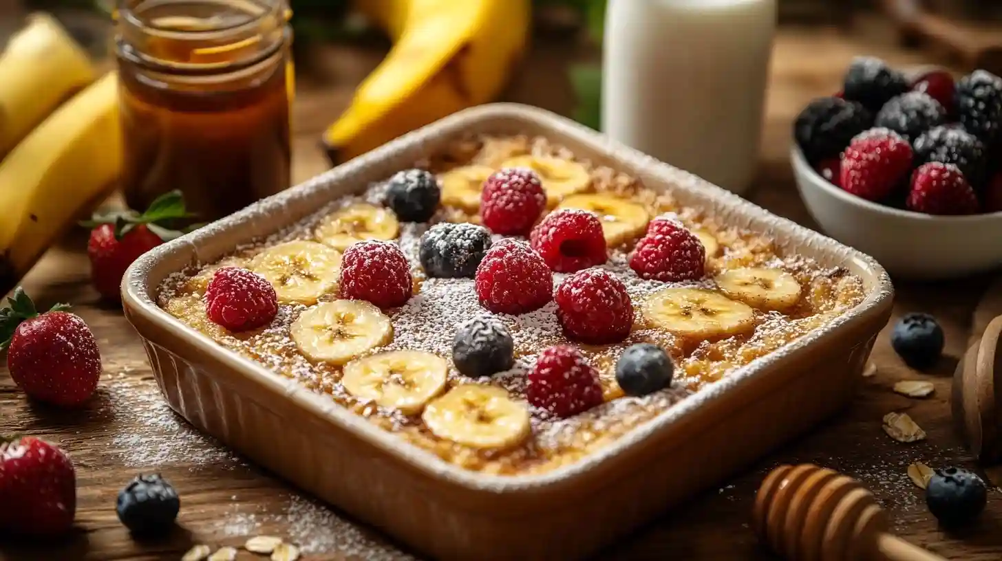 Leichtes Dessert aus dem Ofen mit Bananen, Haferflocken, Beeren und Honig, frisch aus dem Ofen, garniert mit frischen Beeren und Puderzucker