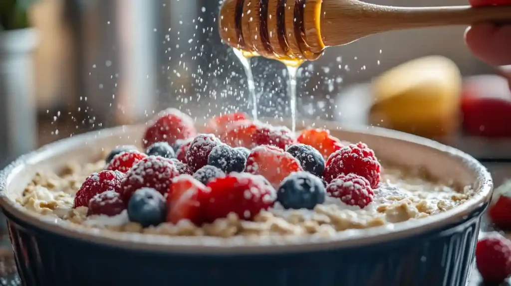 Leichtes Dessert aus dem Ofen mit Bananen, Haferflocken, Beeren und Honig, frisch aus dem Ofen, garniert mit frischen Beeren und Puderzucker