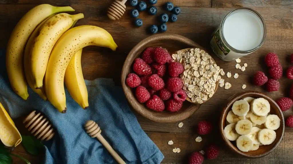 Leichtes Dessert aus dem Ofen mit Bananen, Haferflocken, Beeren und Honig, frisch aus dem Ofen, garniert mit frischen Beeren und Puderzucker