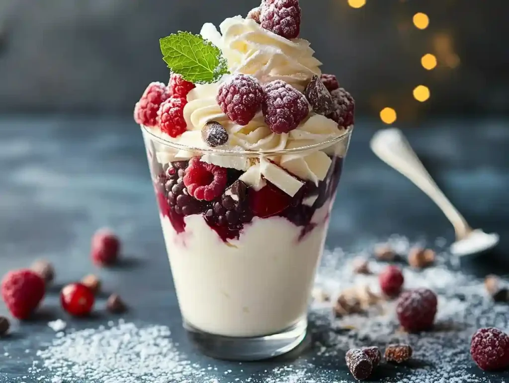 Schneegestöber Dessert mit Granatapfel und Goldstaub, beleuchtet von hinten für einen magischen Effekt