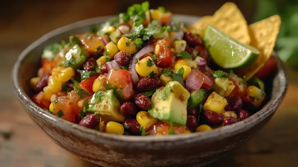 Ein bunter mexikanischer Salat mit Avocado, Kidneybohnen, Mais, Cherrytomaten und frischem Koriander, serviert in einer Schüssel mit Tortilla-Chips