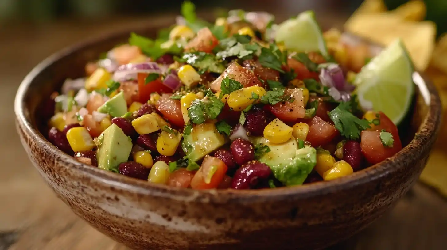 Ein bunter mexikanischer Salat mit Avocado, Kidneybohnen, Mais, Cherrytomaten und frischem Koriander, serviert in einer Schüssel mit Tortilla-Chips