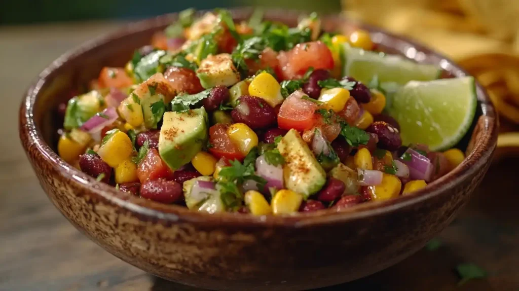 Ein bunter mexikanischer Salat mit Avocado, Kidneybohnen, Mais, Cherrytomaten und frischem Koriander, serviert in einer Schüssel mit Tortilla-Chips