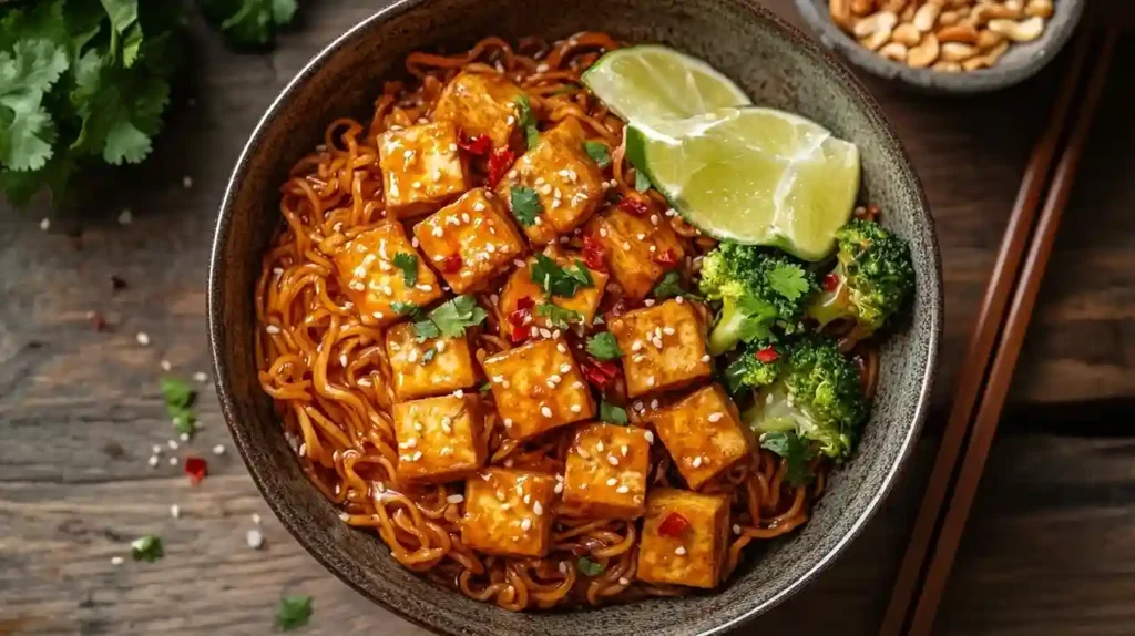 Cremige Mie Nudeln in Kokossoße mit frischem Koriander und gerösteten Cashewkernen, serviert in einer Schüssel.