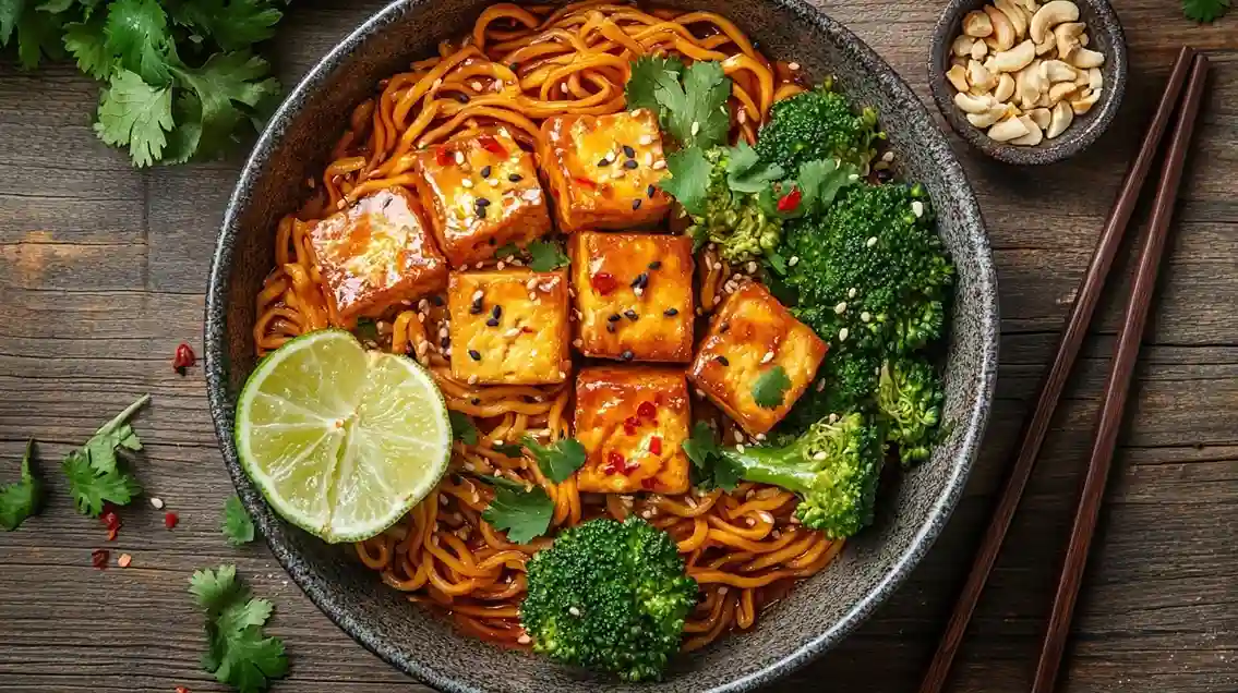 Cremige Mie Nudeln in Kokossoße mit frischem Koriander und gerösteten Cashewkernen, serviert in einer Schüssel.