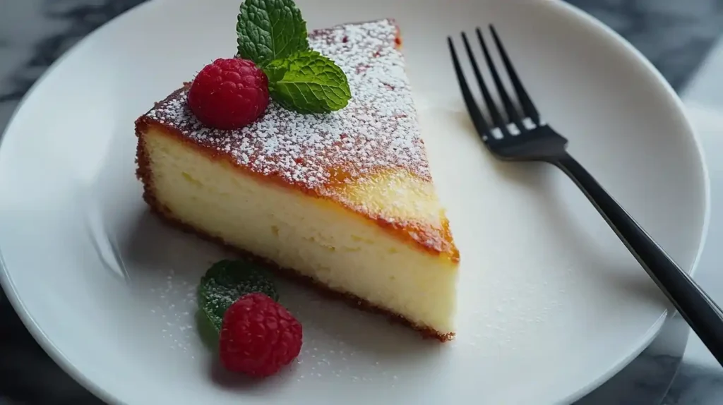 Schneller glutenfreier Kuchen auf einem weißen Teller mit Puderzucker und einer Erdbeere als Deko