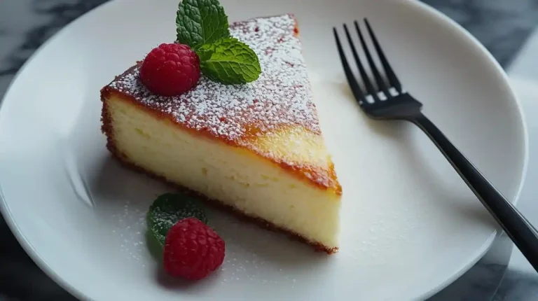 Schneller glutenfreier Kuchen auf einem weißen Teller mit Puderzucker und einer Erdbeere als Deko